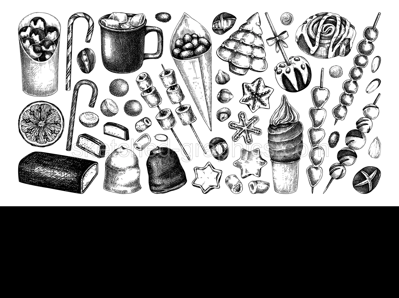 Christmas food collection. Hand-drawn vector illustration. Hot drinks, candies, cookies, marzipan, marshmallow, pastries sketches.  Holiday menu design elements in engraved. Sweet food drawings Illustration